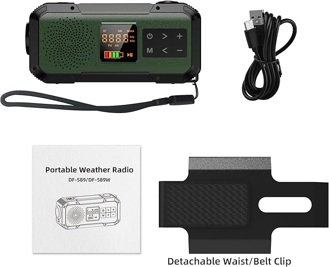 NOAA Weather Radio AM/FM,Portable 2000mAh Rechargeable Battery Operated with USB-C/Hand Crank/Solar Charging,Bluetooth Connectivity,Built-in Light, SOS Alert,Ideal for Camping,Hurricane and Storm Use