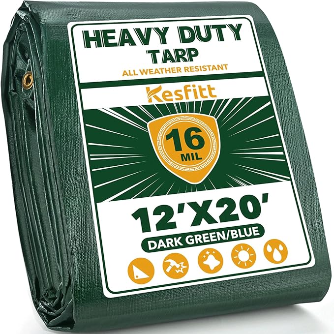 Kesfitt Tarp Heavy Duty Waterproof 12x20FT,16 Mil Thick Tarps Tear&Fade Resistant,UV Resistant,Poly Tarp Cover with Grommets and Reinforced Edges for Outdoor Camping Pools Boat Car(Green/Blue)