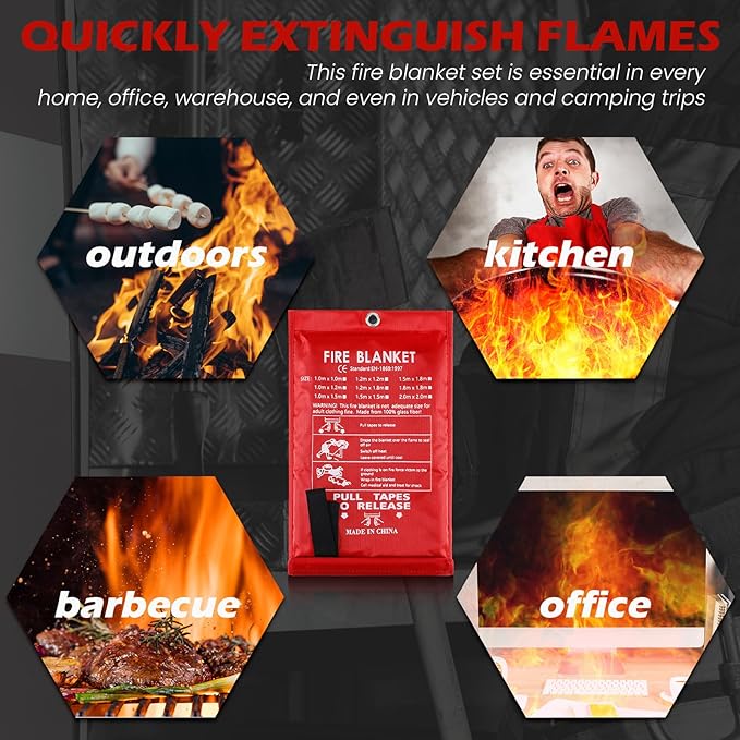 2 Sets Emergency Fire Blanket for Home Fire Suppression Thermal Blankets with Emergency Whistles, Hooks and Gloves for Kitchen, Fireplace, Car, Office, 39.3" x 39.3"