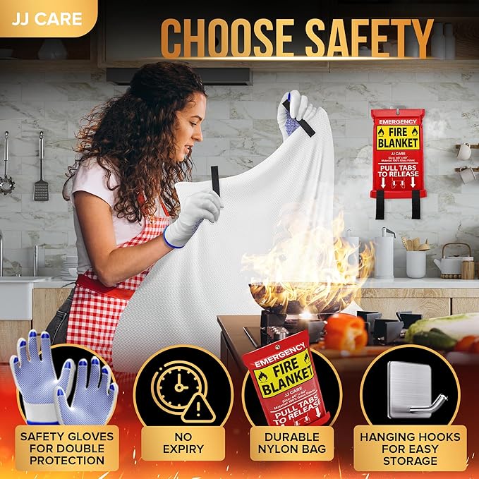 JJ CARE Fire Blanket – 10 Packs with Hooks – Emergency Fire Blanket for Home & Kitchen, High Heat Resistant Fire Suppression Blankets for Home Safety, Kitchen, and Camping