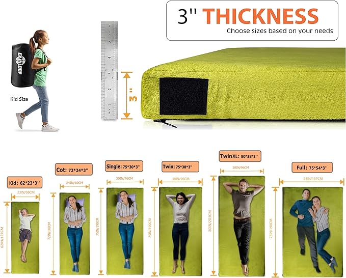 3 Inch Memory Foam Camping Mattress, Dual Layer Thick Sleeping Camp Pad for Car Tent Cot, Roll-Up Portable Glamping Floor Bed for Guests Sleepover
