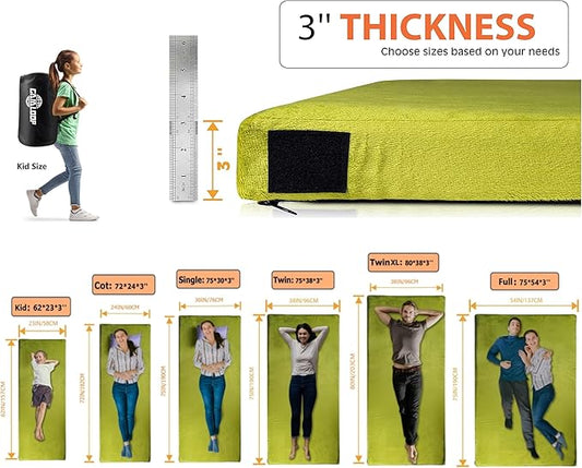 3 Inch Memory Foam Camping Mattress, Dual Layer Thick Sleeping Camp Pad for Car Tent Cot, Roll-Up Portable Glamping Floor Bed for Guests Sleepover