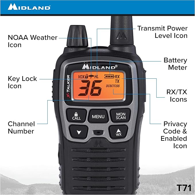 Midland T71VP3 36 Channel FRS Two-Way Radio - Up to 38 Mile Range Walkie Talkie - Black/Silver (Pack of 6)