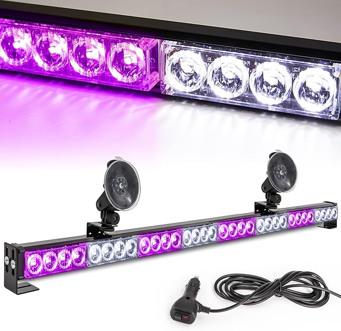 White/Purple Emergency Strobe Light Bar 36 In 13 Flash Patterns Traffic Advisor Warning Hazard Windshield Safety Lights Bar with Cigar Lighter for Vehicles, Truck (35.5 Inch, White/Purple 32 Led)