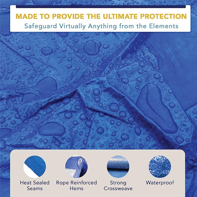 16' x 20' Waterproof Tarp, Medium Duty Reversible Blue/Silver, Multipurpose Indoor and Outdoor Tarps for Tents, Wood Cover, Furniture, Car, Boat, Pool, Tear Resistant, Blue