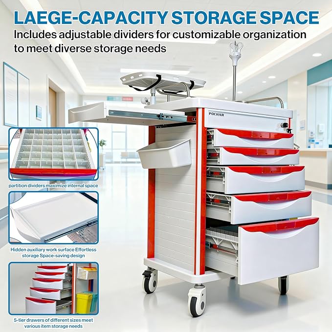 Pochar Medical Crash Cart with Emergency Accessory - Cardiac Board, IV Pole, O2 Holder, Power Strip, Trash Bin, Drawers with Dividers - Mobile Emergency Cart for Hospitals and Clinics