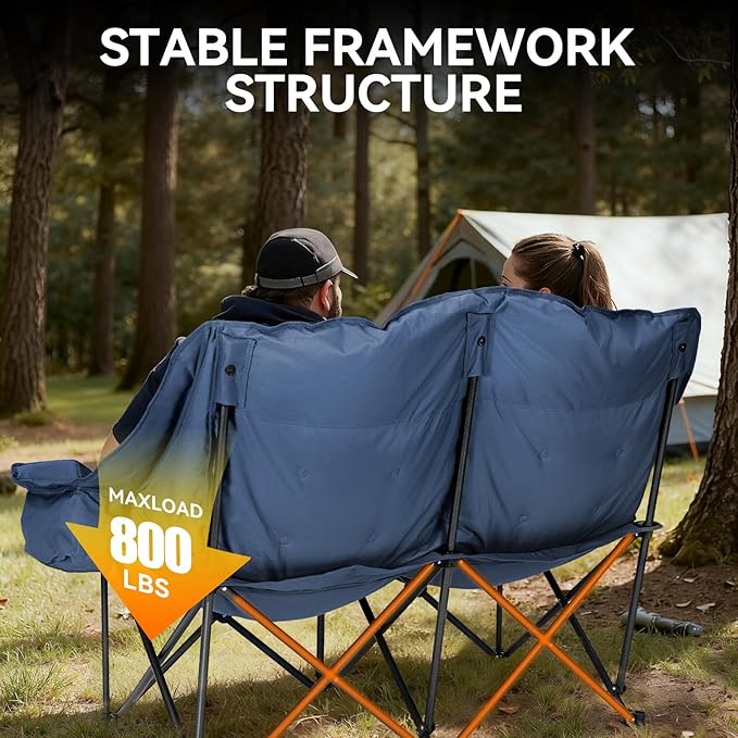 Padded Double Camping Chairs High Back Double Camp Chair Oversized Loveseat Camping Chair Support 800LBS Heavy Duty Camping Couch with Cup Holders, Cooler, Carry Bag, Blue