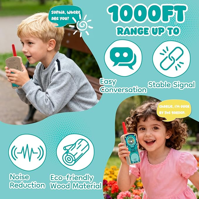 Robot Walkie Talkie for Kids, 2 Pack Wooden Handheld Walkie-Talkie for Boys and Girls Ages 3-12 Hiking Camping, 1000FT Long Range with 2 Way Radio, Indoor and Outdoor Toys for Birthday Xmas