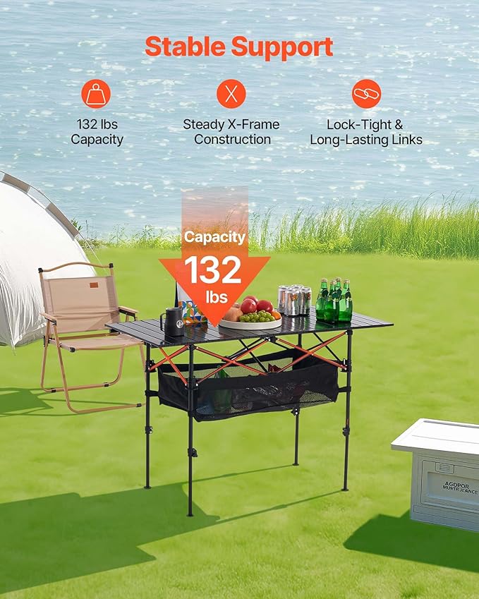 VEVOR Folding Camping Table, Portable Roll Up Side Tables, Lightweight Aluminum Beach Table for Outdoor BBQ Tailgating Picnic, Travel (47 inch-Black)