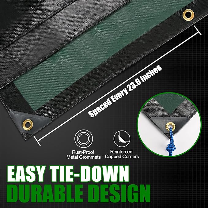 Sunvigor Tarp Waterproof 10x20Ft, Extra Thick 16 Mil Heavy Duty Tarp Cover, Tear & Fade Resistant, Outdoor Tarps with Brass Grommets and Reinforced Edges for Roof, Camping, Patio, Boat (Black/Green)