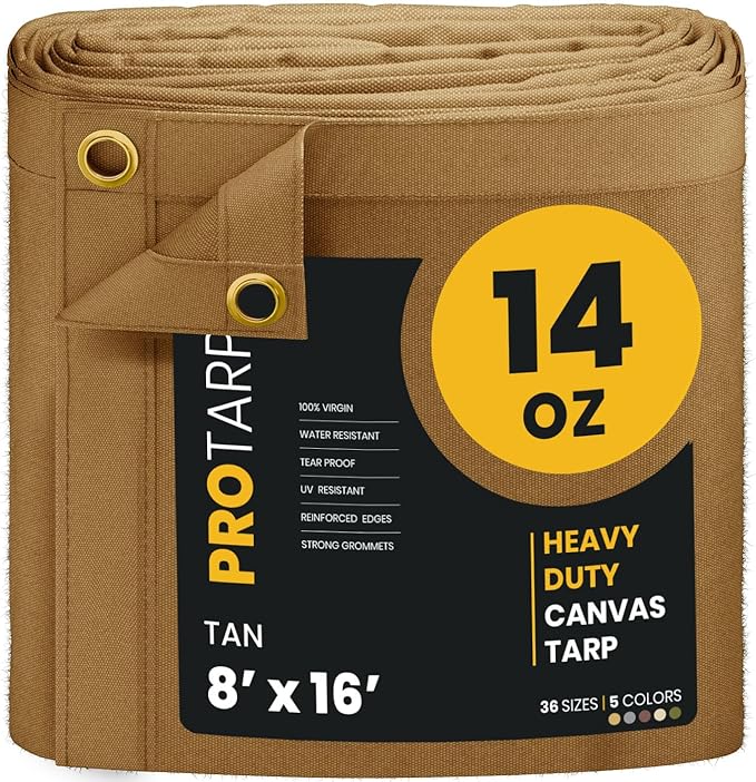 PROTARP Heavy Duty 14 OZ Water Resistant Canvas Tarp, UV Resistant Tarpaulin Cover with Rustproof Brass Grommets, Multipurpose for Canopy, Roof, Camping, Woodpile (Tan 8'X16')