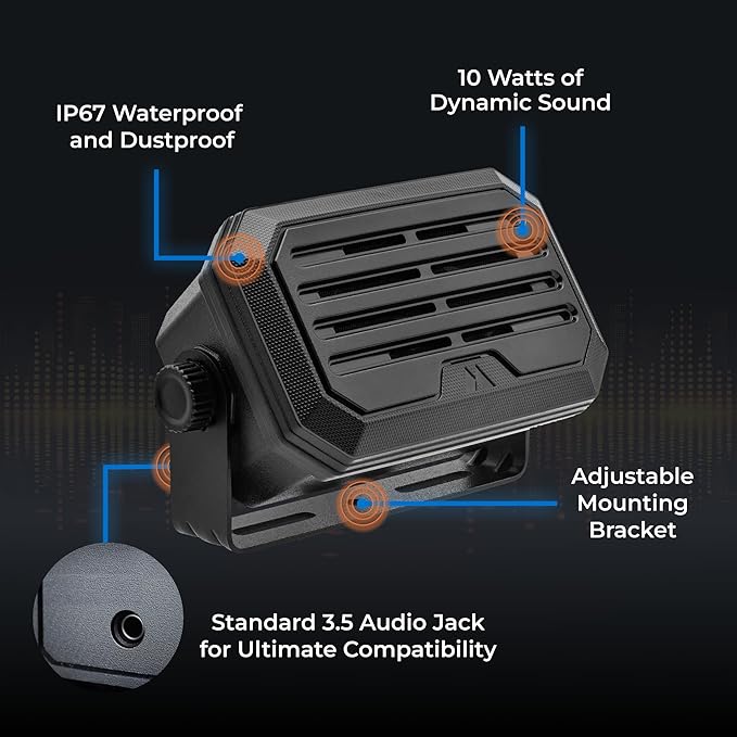 Midland - SPKMINI Mini External Speaker - Waterproof, 10 Watts, 3.5mm Plug - Compatible with All Mobile CB, GMRS, HAM and Amateur Radios