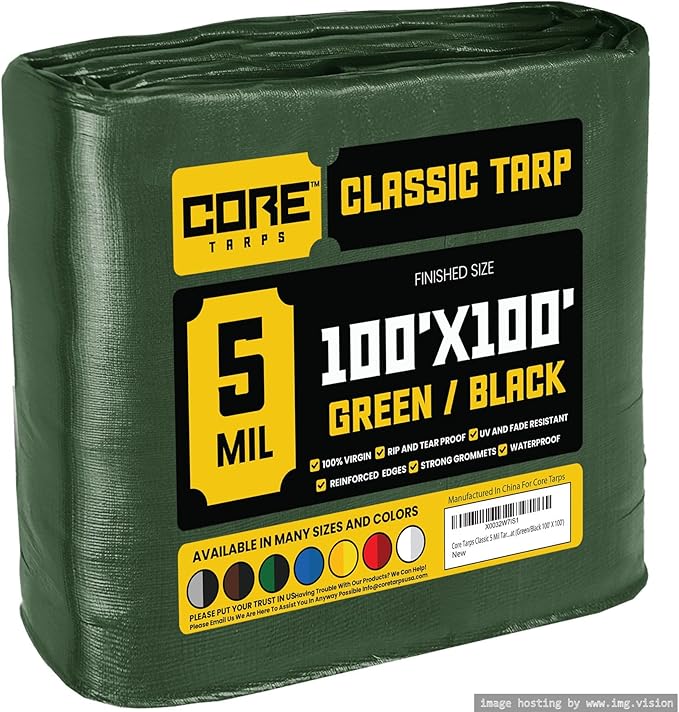 Core Tarps Classic 5 Mil Tarp Cover, Waterproof, UV Resistant, Rip and Tear Proof, Poly Tarpaulin with Reinforced Edges for Roof, Camping, Patio, Pool Cover, Boat (Green/Black 100′ X 100′)
