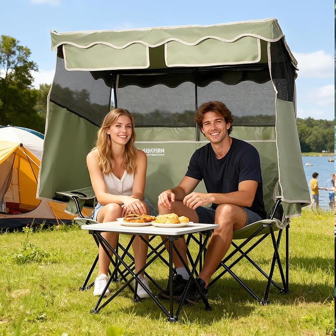 Double Camping Chair with Shade Canopy 2 Person Folding Chair with Canopy Portable Beach Chair Heavy Duty Camping Chair with Two Cup Holders and Side Pocket for Outside Camping,Beach,Sports