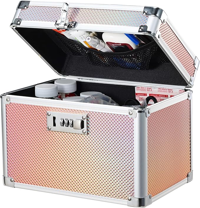 Adazzo Lockable Storage Box, Cabinet Safe Case Organizer with Combination Lock for Medications and Small Valuables, 10 x 7 x 9 Inches, Shiny Gold