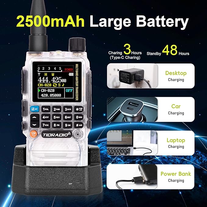 TIDRADIO TD-H3 Ham Radio Type C & Wireless Programming(4PCS Batteries)，8-Band Long Range Walkie Talkies Rechargeable Handheld Portable Full-Featured 2 Way Radios- Crystal, Full Kit