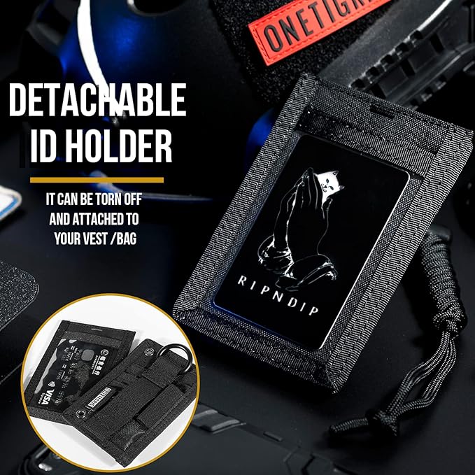 OneTigris Tactical ID Card Holder Hook & Loop Patch Badge Holder Neck Lanyard Key Ring and Credit Card Organizer (Black)