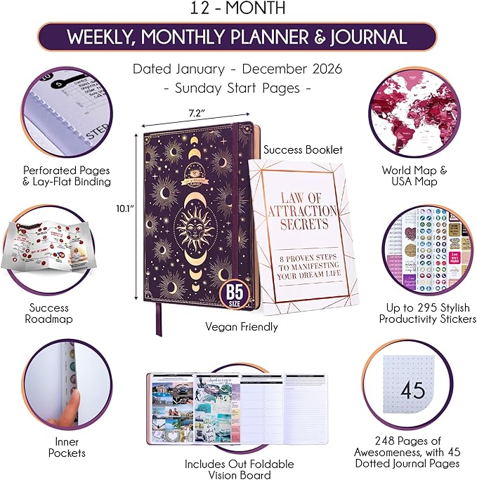 Deluxe 2026 Planner Weekly and Monthly | Law of Attraction Planner with Productivity App | 12-Month for Productivity, Gratitude & Goal Setting | Includes Foldable Vision Board, Gift Box & Stickers