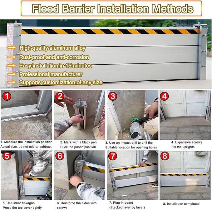 Reusable Aluminum Flood Barriers/Gates for Home Doors, 3/4/5/6/7/8/9/10/11/12/13ft Long Flood Prevention Barrier Water Stopper Shield for Outside/Indoor/Garage Door/Basement/Patio(H 0.6ft(20cm