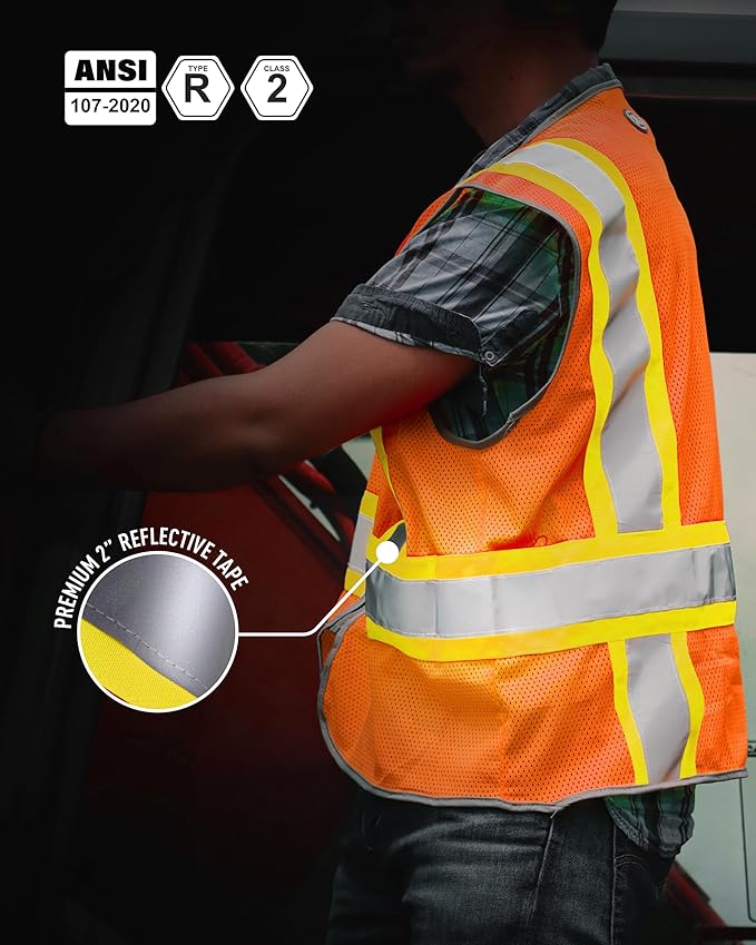 GE Multi-Functional Safety Vest Expandable 5-Point Breakaway High Visibility with Zipper Pockets, Class 2