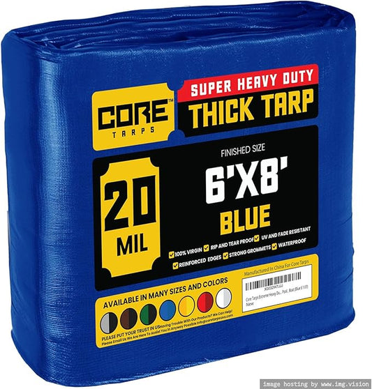 Core Tarps Extreme Heavy Duty 20 Mil Tarp Cover, Waterproof, UV Resistant, Rip and Tear Proof, Poly Tarpaulin with Reinforced Edges for Roof, Camping, Patio, Pool, Boat (Blue 6′ X 8′)