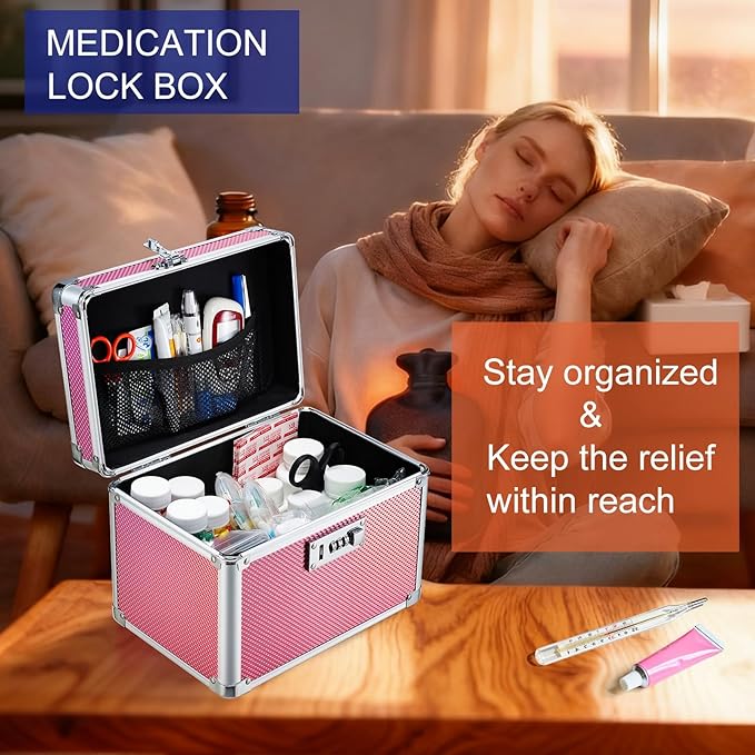 Adazzo Lockable Medicine Storage Box - Shiny Pink Cabinet Med Lock Organizer, 10 x 7 x 9 Inches Safe Case with Combination Lock for Home, Dorm, Office, or Travel