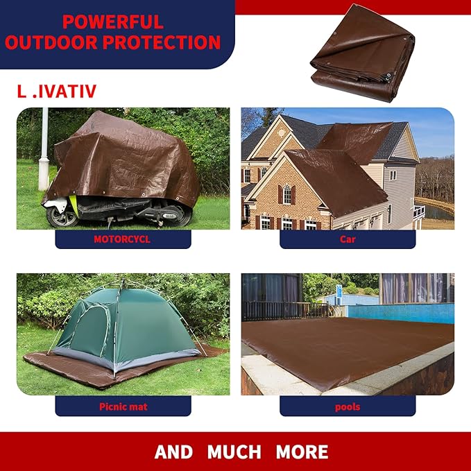 [20'X20'] RSW Heavy Duty Waterproof 12 Mil Safety Reversible Tarp Cover, UV Resistant, Rip and Tear Proof Tarpaulin with Reinforced Edges - for Roof, Camping, Patio, Pool Cover, Boat (Brown/Silver)