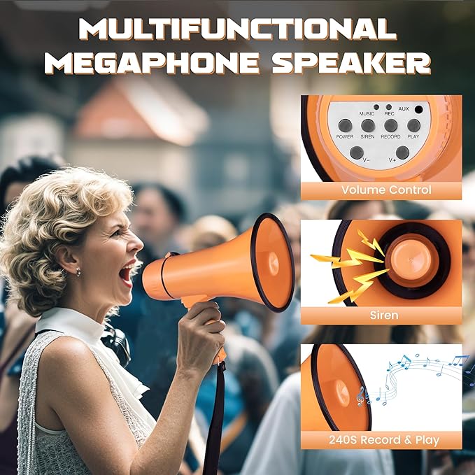 Portable Megaphone Bullhorn 20 Watt Power Megaphone Speaker Voice and Siren/Alarm Modes with Volume Control and Strap (Light Orange)