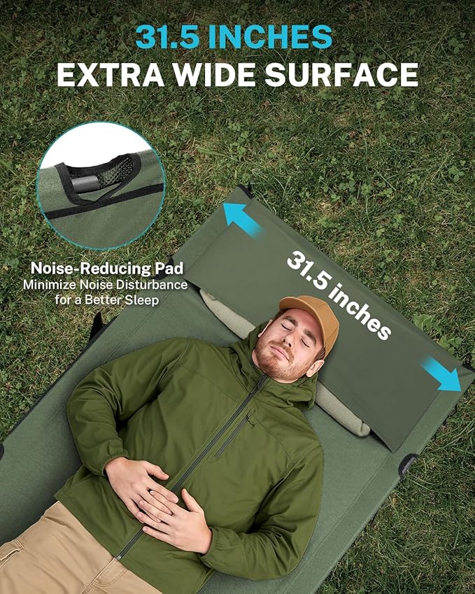 Gonex 31.5" Extra Wide Camping Cot with Premium Pillow Pocket Supports 350lbs, Portable Ultralight Folding Cot Bed for Adults Travel, Beach, Home, Sleeping (Army Green)