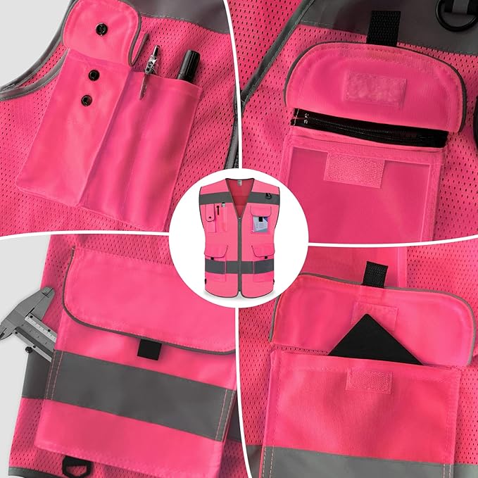 TCCFCCT Mesh Hi Vis Vest 9 Pockets High Visibility Reflective Safety Vest for Men Women, Safety Construction Vest with Reflective Strips, Meets ANSI/ISEA Standards, (Pink, Medium)