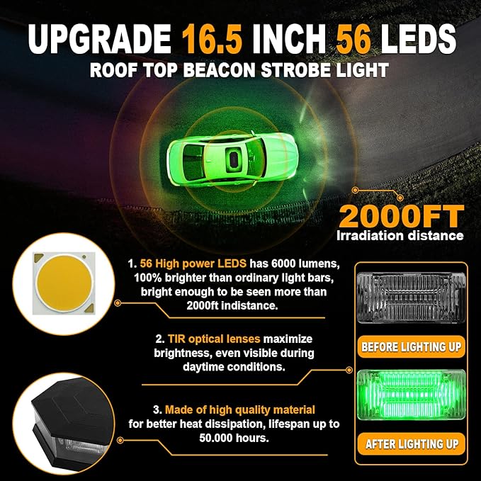 ASPL 16.5 Inch Roof Top Beacon Emergency Strobe 56 LED Magnetic Warning Caution lights Bar Traffic Hazard Plow Light for Trucks Vehicles Construction Snowplow (Green)
