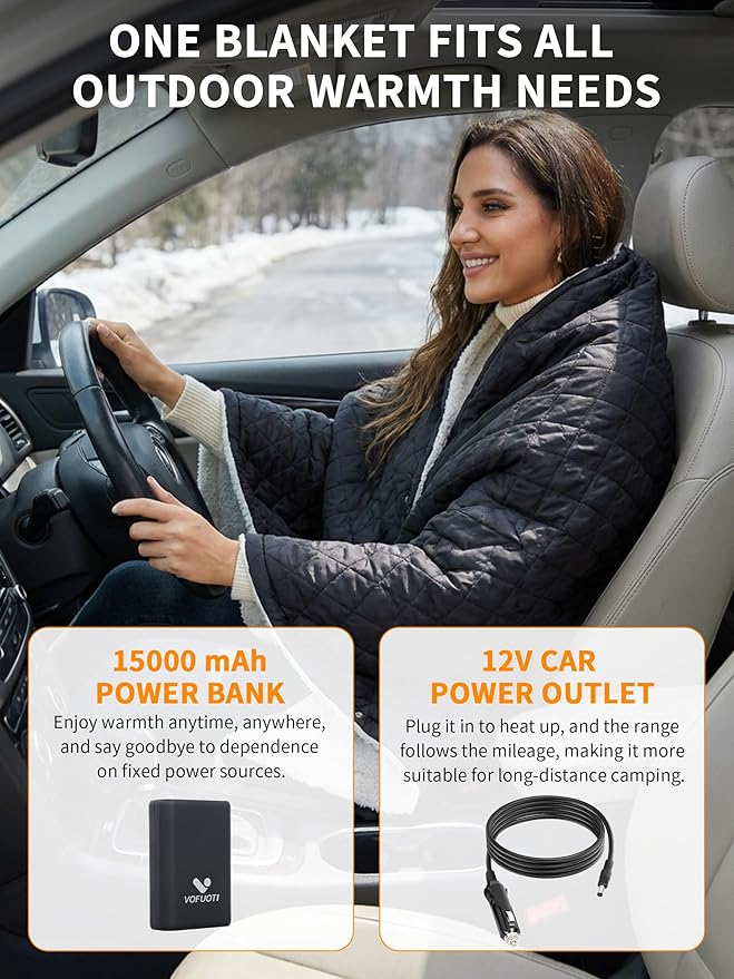 Heated Blanket Battery Operated,12V Cordless heating pad with 15000 battery,Heated Shawl Throw Blanket,Wearable Heated Blanket,Sherpa Lining,3 Heating Set for Outdoor Camping,Backpacking,Hiking,Travel