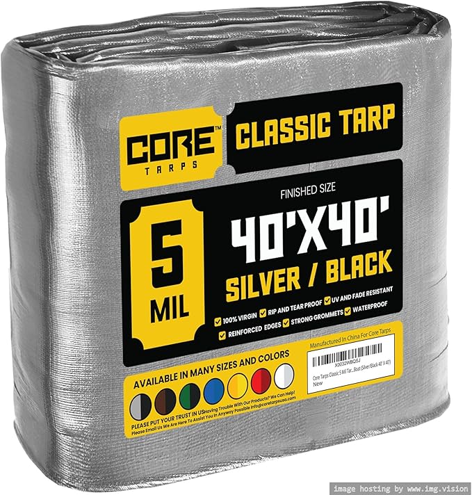 Core Tarps Classic 5 Mil Tarp Cover, Waterproof, UV Resistant, Rip and Tear Proof, Poly Tarpaulin with Reinforced Edges for Roof, Camping, Patio, Pool Cover, Boat (Silver/Black 40′ X 40′)