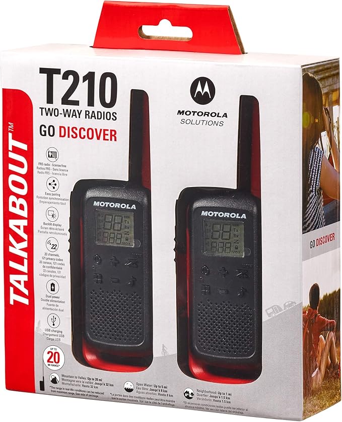 Motorola Solutions Two-Way Radio, 20 Mile Range, 22 Channel | T210 Talkabout | Rechargeable | 4 Pack | Black/Red