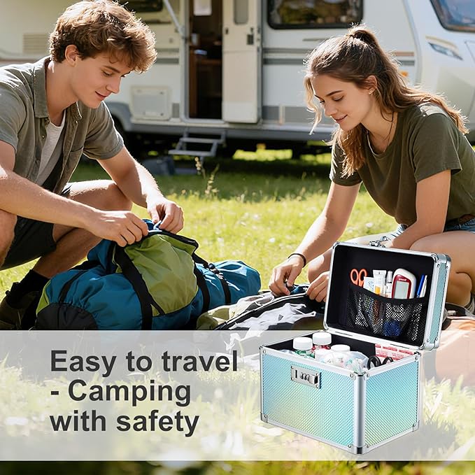 Adazzo Lockable Medicine Storage Box - Turquoise Cabinet Med Lock Organizer, 10 x 7 x 9 Inches Safe Med Case with Lock for Home, Dorm, Office, or Travel