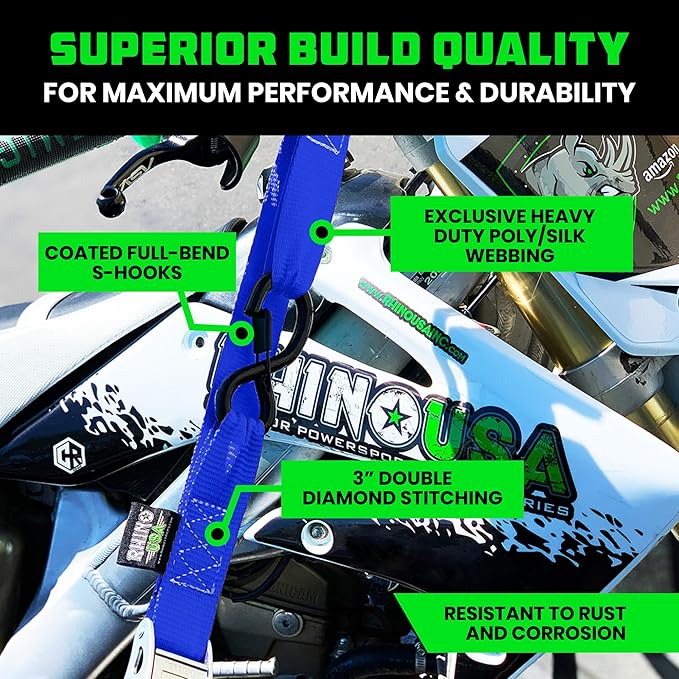 Rhino USA Motorcycle Tie Down Straps (2 Pack) Lab Inspected 2,200lb Break Strength, Steel Cambuckle Tiedown Set with Integrated Soft Loops - Better Than a Ratchet Strap (Blue 2-Pack)