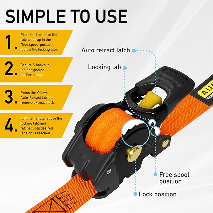 AUGO Retractable Ratchet Straps | 2 Heavy Duty Ratchet Straps Self Retractable Tie Downs with Soft Loops & Storage Bag for Motorcycle, Truck, Trailer, Cargo Van | 1200 Lb Break Strength 1” x 10’