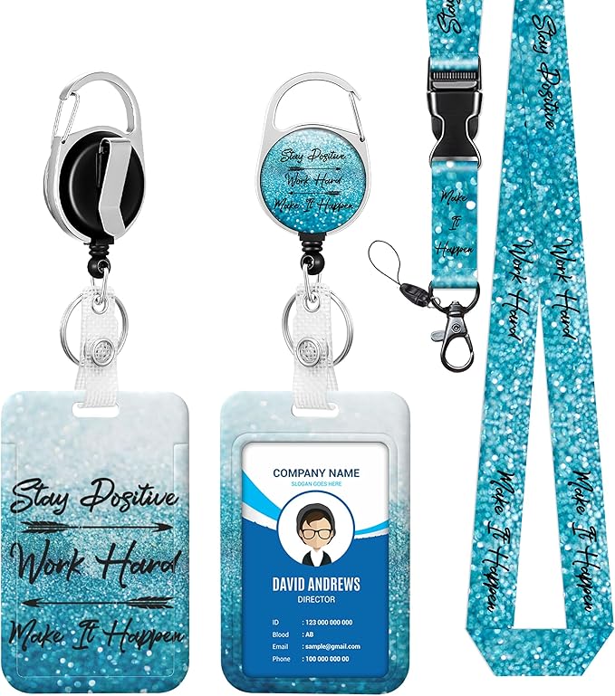 Blue Positive Badge Holder Lanyard ID Card Holders Detachable Name Tag Clips Cute Funny Nurse Teacher Office Gifts Women Man Cate Badge Holder