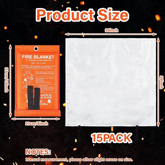 Jerify 15 Pcs Fire Blanket - Fiberglass Fire Emergency Flame Retardant Safety Fireproof Safety Suppression Cover Blanket for Kitchen, Home, Car and Office - 39 x 39 Inch (Orange)