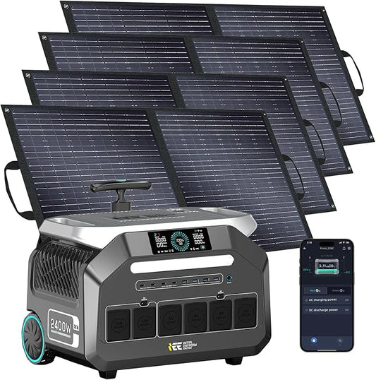 IEE 2400W (5000W Peak) Solar Generator P2400 with 4x100W Solar Panels, 2048Wh Portable Power Station, 1800W AC Charging, AC Outlets x 4, LiFePO4 Battery Power Station for Home Backup, Camping, RV