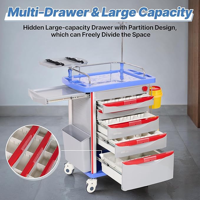 Careboda Medical Crash Cart with Drawers, Emergency Rolling Cart with Silent Casters, Adjustable IV Pole, Power Strips, ABS Trash Bin, O2 Holder, for Hospitals, Clinic, Nursing Centers, 350lbs