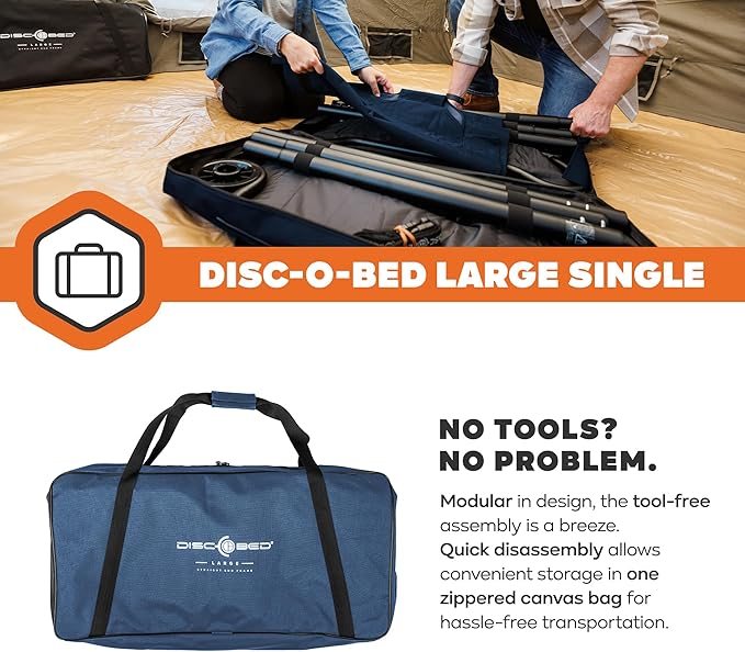 Disc-O-Bed Large Outdoor Modular 1 Person Single Camping Cot Portable Bed for Adults, Sleep Solution for Tents, Navy