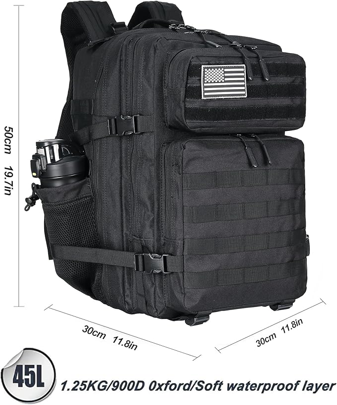 45L Tactical Assault Backpack 3 day assault pack with Molle Waterproof backpack Rucksack for Tactical Backpacks (Black)