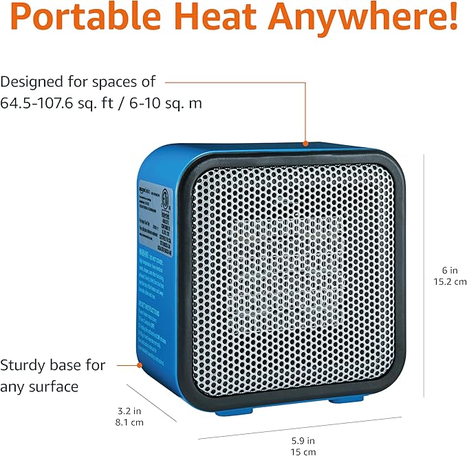 Amazon Basics Ceramic Space Heater, Mini Heater for Office Desk, Portable Tent Heater (Indoor Use), 500 W, With Tip-Over Protection, Lightweight (1.4 LBS), Blue, 5.9 x 3.2 x 6 inches