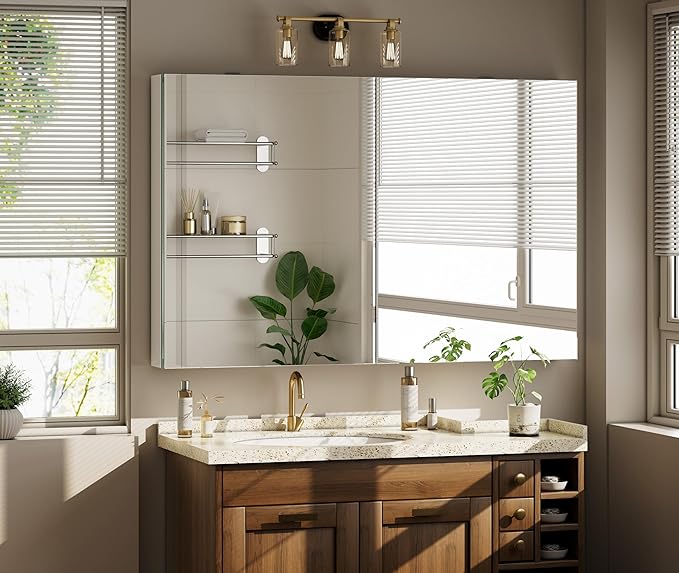 Bathroom Medicine Cabinet with Mirror, 40 Inch x 26 Inch Bathroom Mirror Cabinet with Double Door & Adjustable Shelves, Surface Mount or Recess Installation