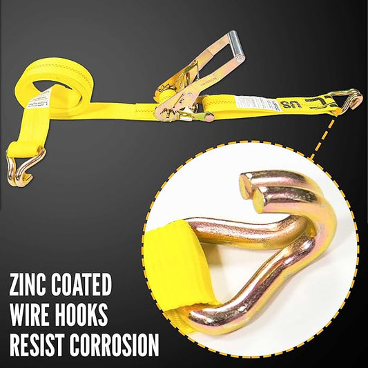 US Cargo Control 2 Inch Wide x 27 Foot Long Ratchet Strap with Wire Hooks, Yellow Tiedown Strap with Double J Hooks, Secure Cargo with Ease