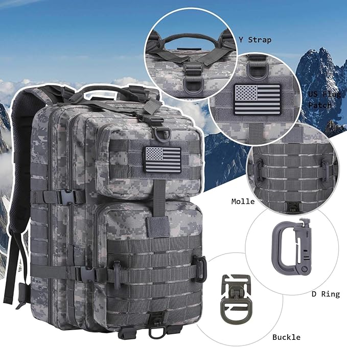 MOLLE Assault Backpack, Tactical Backpack Army Military Camping Rucksack, 3-Day Pack Travel Trip w/USA Flag Patch, D-Rings, ACU Camo