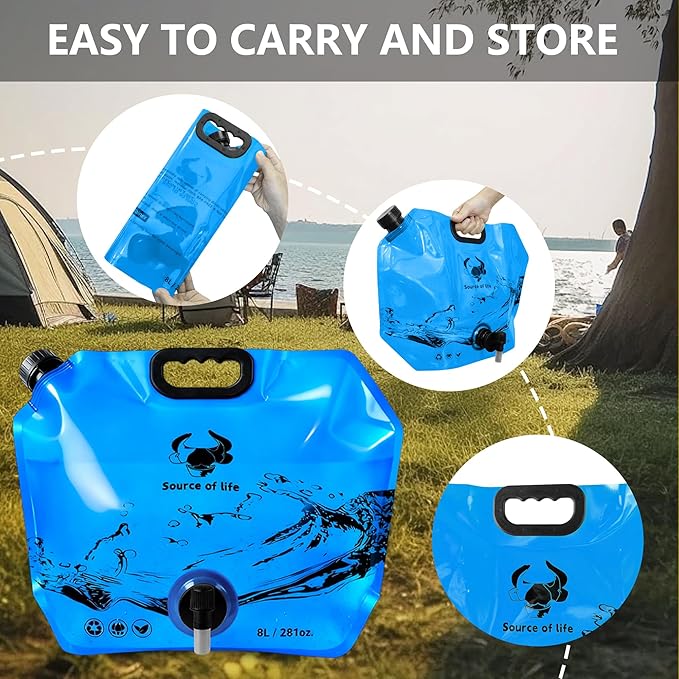 Collapsible 8L Water Storage Bag, BPA-Free Portable Folding Water Jug with Adjustable Faucet, Leakproof Emergency Water Bag for Camping, Hiking, Riding, Outdoor Sport (2, Blue)