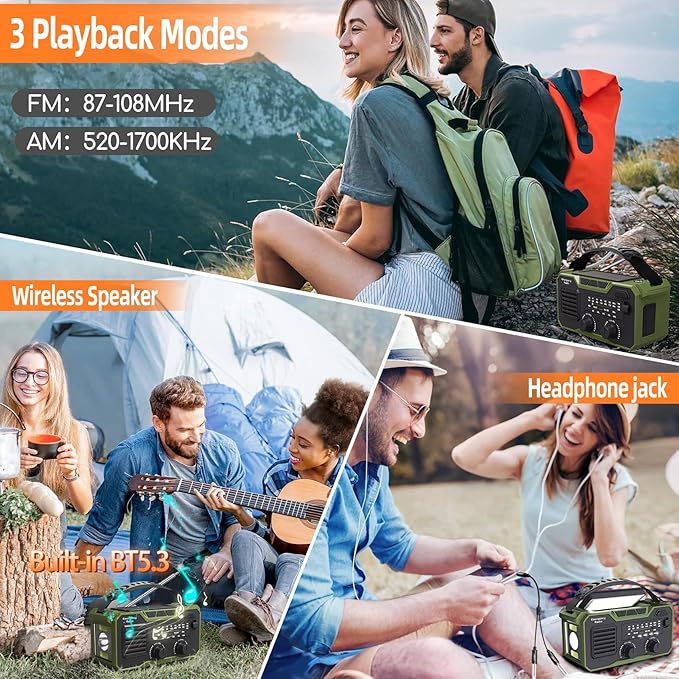 30000mAh Emergency Weather Radio, AM/FM/NOAA Weather Alert Radio Hand Crank/Solar/Type-C Fast Rechargeable Outdoor Radio with Reading Lamp/SOS Alarm/3 Mode Flashlight/Power Bank (Grassy Green)