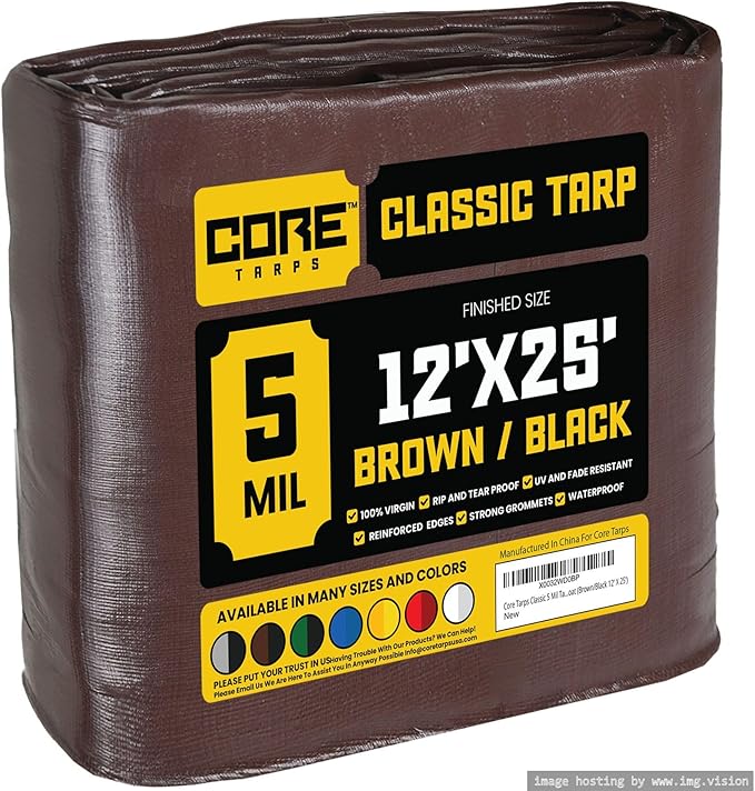 Core Tarps Classic 5 Mil Tarp Cover, Waterproof, UV Resistant, Rip and Tear Proof, Poly Tarpaulin with Reinforced Edges for Roof, Camping, Patio, Pool Cover, Boat (Brown/Black 12′ X 25′)